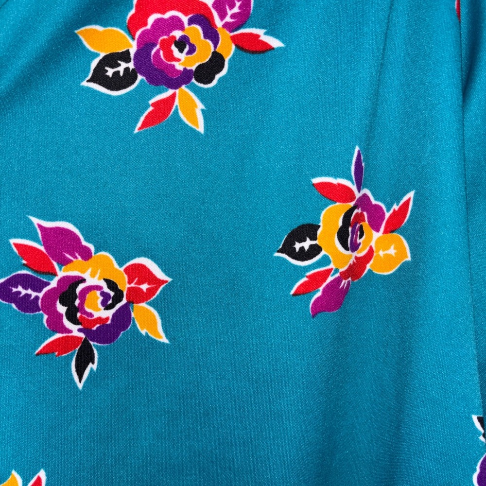 Vintage Teal Floral ButtonUp Blouse LongSleeve Retro Rose Print Top Size P2P 25" - Picture 3 of 3